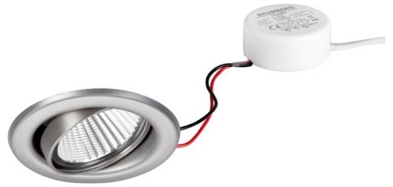 Eingelassenes LED-Downlight mit separater weißer Treiberbox und roten und schwarzen Kabeln auf weißem Hintergrund.