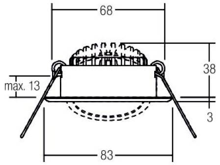 Technisches Diagramm einer eingebauten Leuchte, das die Abmessungen 68, 83, 38, 13 max und 3 zeigt, mit Federclips und einem abgerundeten Ausschnittsprofil.