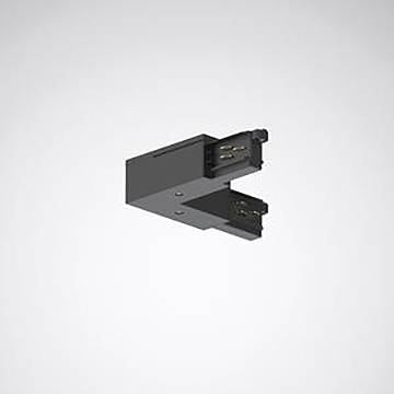 Ein schwarzer rechteckiger Elektrostecker mit zwei Stiften vor einem einfachen grauen Hintergrund.