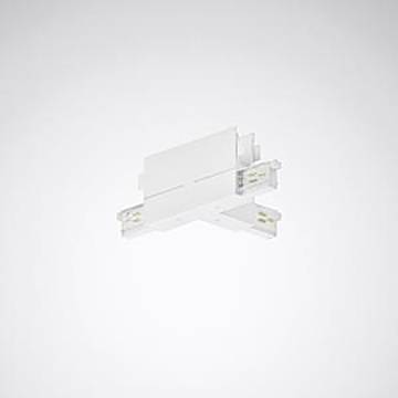 Ein weißer T-förmiger Elektrogleisverbinder vor einem einfachen Hintergrund, verwendet zum Verbinden von Schienenleuchtensystemen.