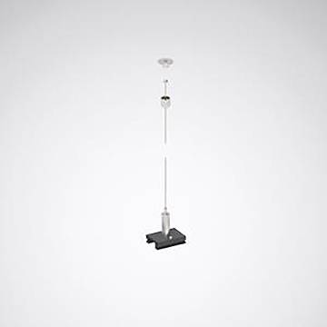 Eine graue Hängeleuchte mit einem langen, dünnen Schaft, einer kleinen weißen Deckenhalterung und einer zylindrischen schwarzen Basis, die in der Luft schwebt.