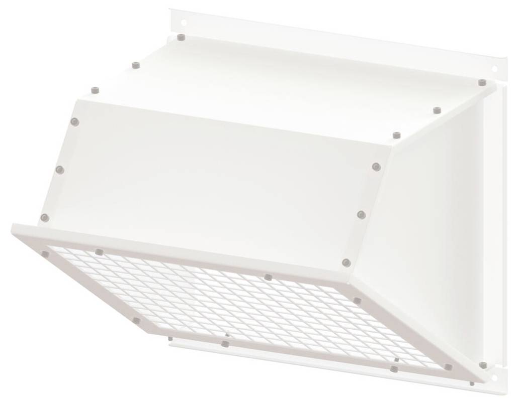 Eine wandmontierte weiße Lüftungsabdeckung mit einem geneigten, rechteckigen Design und einem Metallnetzgitter am Boden, gesichert durch sichtbare Bolzen.