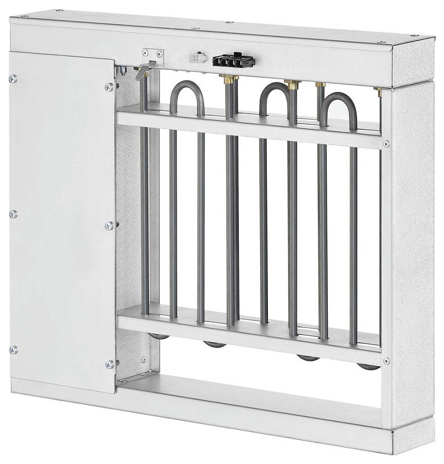 Rechteckiges Metall-Heizelement mit parallel angeordneten senkrechten Stäben, die in einem Metallrahmen eingefasst sind, das in Maschinen zu Heizzwecken verwendet wird.