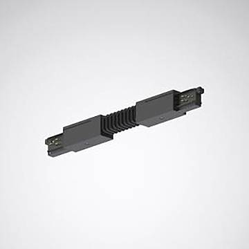 Ein schwarzer verstellbarer Schienenleuchten-Stecker mit wellenförmigem Mittelteil, der zum Verbinden und Einstellen von Lichtreitaten in verschiedene Richtungen verwendet wird.