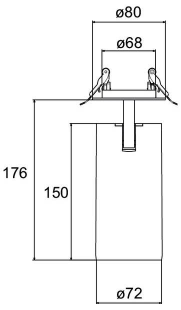 Technische Maßstabzeichnung einer zylindrischen Vorrichtung mit oberen Clips, die Durchmesser ø80, ø68, ø72 und Höhen 176 und 150 zeigt.