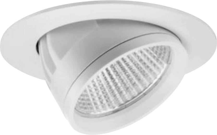 Einbaubar verstellbarer Deckenspot mit rundem weißem Zierring und gewinkelbarem LED-Lampenkopf.
