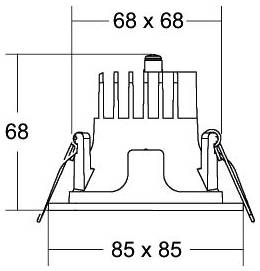 Maßstabgerechte technische Zeichnung einer quadratischen elektrischen Komponente: 68 x 68 Größe oben, 85 x 85 Grundgröße und 68 Höhe mit seitlichen Montagepositionen.