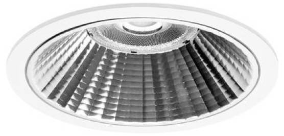 Eingebaute runde Deckenleuchte mit reflektierendem Lamellendiffusor, von unten dargestellt.