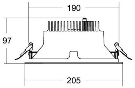 Technische Zeichnung einer rechteckigen elektrischen Komponente mit Seitenklemmen, mit beschrifteten Abmessungen von 190 Breite, 97 Höhe und 205 Basisbreite.
