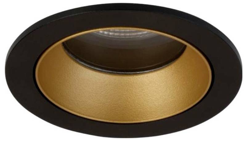 Schwarze Einbauleuchte für die Decke mit goldenem Reflektorrand und sichtbarem Leuchtmittel in einer ovalen Fassung