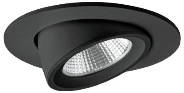 Schwarze LED-Einbauleuchte mit rundem Zierring und geneigter Lichtöffnung
