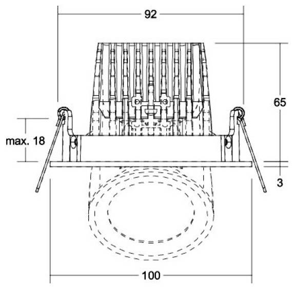 Technische Zeichnung mit Maßen einer flächenbündigen Deckenleuchte, zeigt Vorderansicht und Installationsmaße: 92 breit, 65 hoch, 100 Öffnung, max. 18 Tiefe.