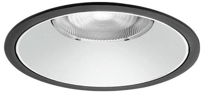 Runde, bündige Deckenleuchte mit schwarzem Rahmen und silberner reflektierender Innenseite.