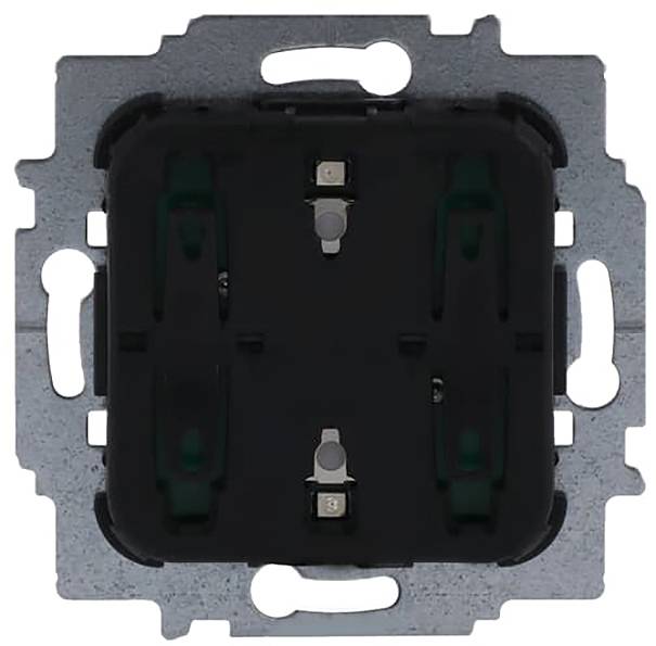 Ein quadratisches elektrisches Bauelement mit Metallrahmen und zwei sichtbaren Tasten auf einer schwarzen Frontplatte, das für die Montage in Elektrotafeln konzipiert ist.