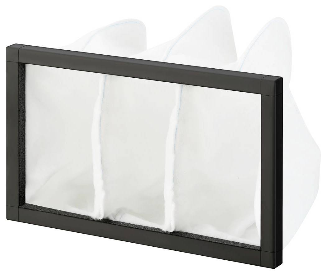 Ein weißer Plisseeluffilter in einem rechteckigen schwarzen Rahmen, entwickelt für HVAC-Systeme zur Verbesserung der Luftqualität durch die Erfassung von Staub und Partikeln.