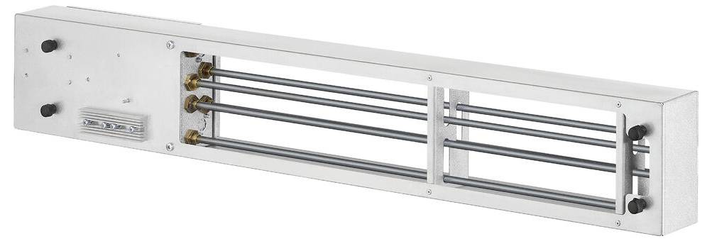 Elektrischer Röhrenheizkörper mit mehreren horizontalen Stäben in einem Metallgehäuse, hauptsächlich für industrielle Heizanwendungen verwendet.