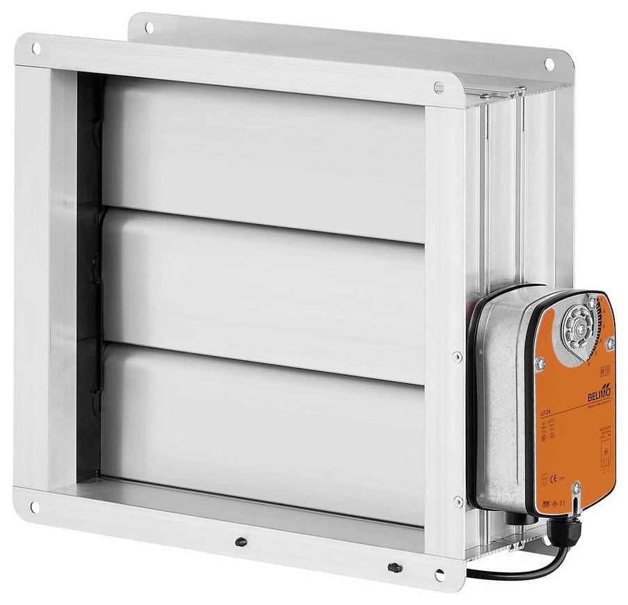 Ein Metall-Lüftungsschieber mit einem orange farbenen Stellantrieb, verwendet zur Regulierung des Luftstroms in HLK-Systemen.