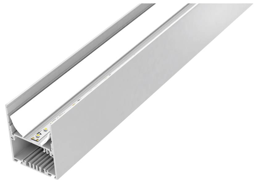 Eine Nahaufnahme eines weißen, rechteckigen Aluminiumprofils mit internen Nuten, die seine Struktur und das Potenzial zur Unterbringung von LED-Streifen zeigen.