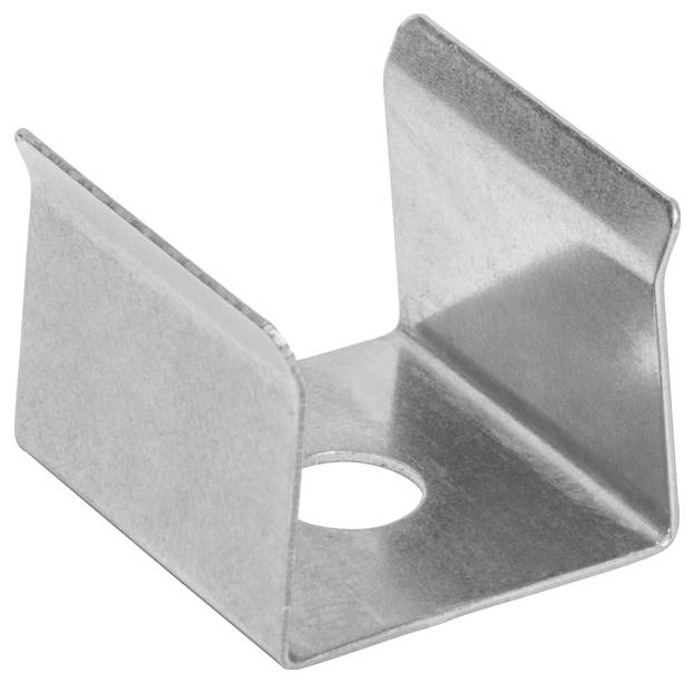 Eine Metallhalterung mit L-förmigem Profil und einem zentralen Loch zu Montagezwecken.