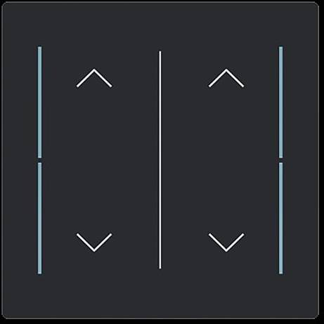 Ein schwarzes Panel mit zwei vertikalen Spalten, von denen jede einen Aufwärts- und einen Abwärtspfeil aufweist, wahrscheinlich Steuerelemente für einen Aufzug oder ein ähnliches Gerät darstellend.