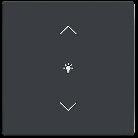 „Helligkeitsregler-Schalter mit Aufwärts- und Abwärtspfeilen rund um ein Glühbirnensymbol, das anpassbare Helligkeitsregelung anzeigt.