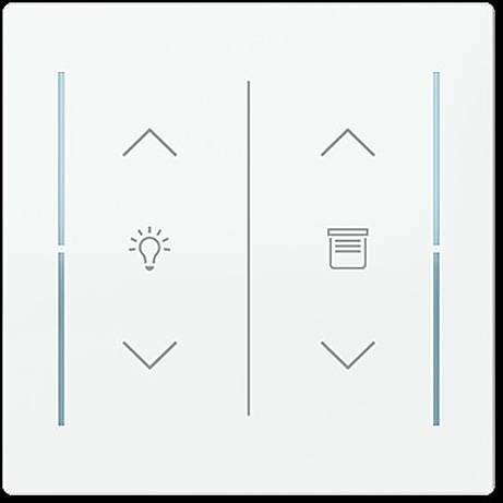 Ein weißes Touchsteuerpanel mit Symbolen zum Einstellen der Lichthelligkeit und der Jalousienposition. Pfeile zeigen Erhöhung oder Verringerung an.