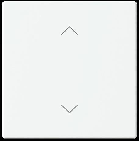 Ein weißes quadratisches Touch-Panel mit zwei grauen Pfeilen, einer zeigt nach oben am oberen Ende und einer zeigt nach unten am unteren Ende, was Navigation anzeigt.