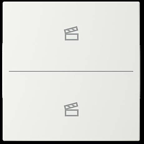 Ein weißer quadratischer Wandschalter mit zwei identischen Filmklappensymbolen, eines in der oberen Hälfte und eines in der unteren Hälfte.