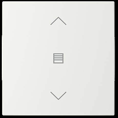 Ein weißer quadratischer Knopf mit einem Pfeil nach oben oben, einem Pfeil nach unten unten und einem Menüsymbol in der Mitte.