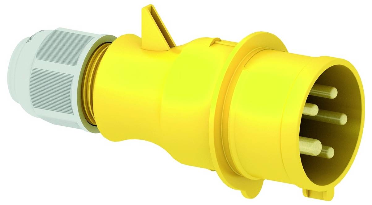 Gelber Industriestromstecker mit mehreren Metallkontakten, der für robuste elektrische Verbindungen in Industrieumgebungen verwendet wird.