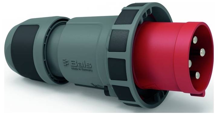 Ein robustes Industrie-Stecker mit einem roten Stecker und einem dunkelgrünen Gehäuse, das mehrere Stifte für die elektrische Verwendung aufweist.