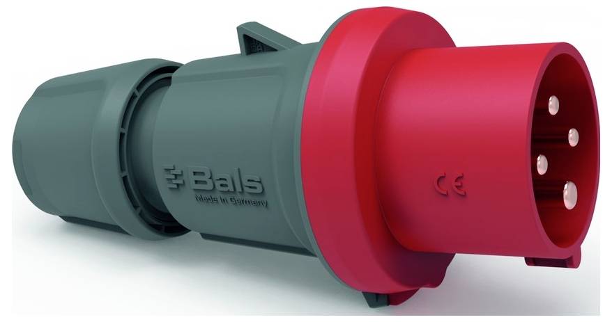 Ein rot und grau gefärbter industrieller Elektrostecker mit der Aufschrift 