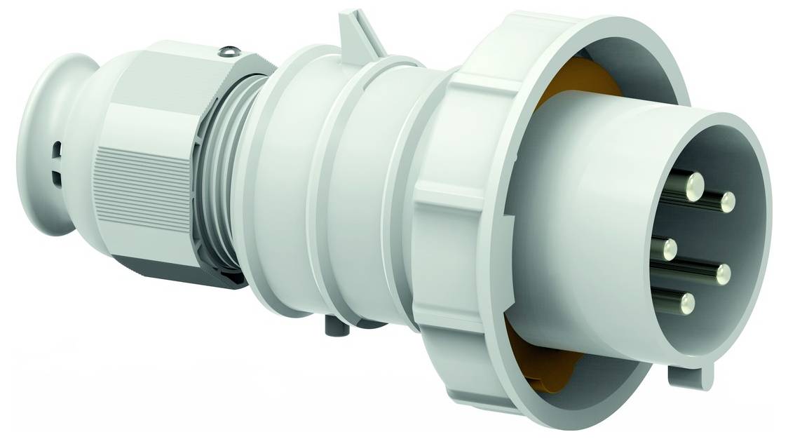 Ein grauer Industriestecker mit gerilltem Griff und mehreren Metallstiften, der typischerweise zum Anschließen von schweren Maschinen oder elektrischen Geräten verwendet wird.