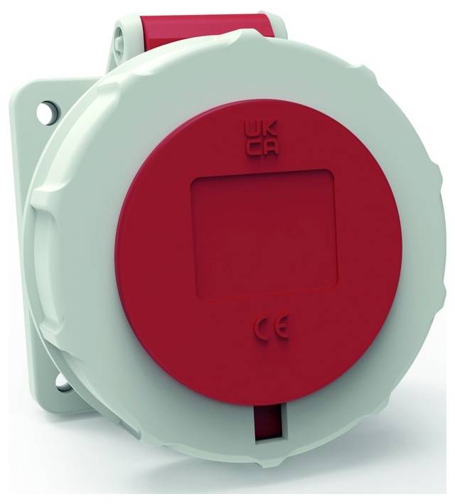 Ein kreisförmiges elektrisches Gerät mit roter Vorderseite und grünem Gehäuse, das die Kennzeichen „UKCA