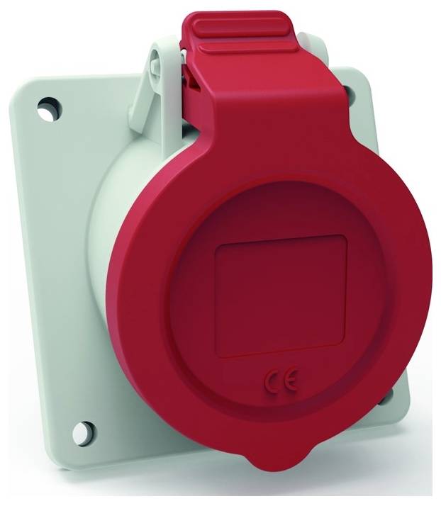 «Rote Industriesteckdose» verfügt über eine runde Schutzabdeckung auf einer quadratischen Grundplatte mit vier Schraubenlöchern. Das Etikett „CE