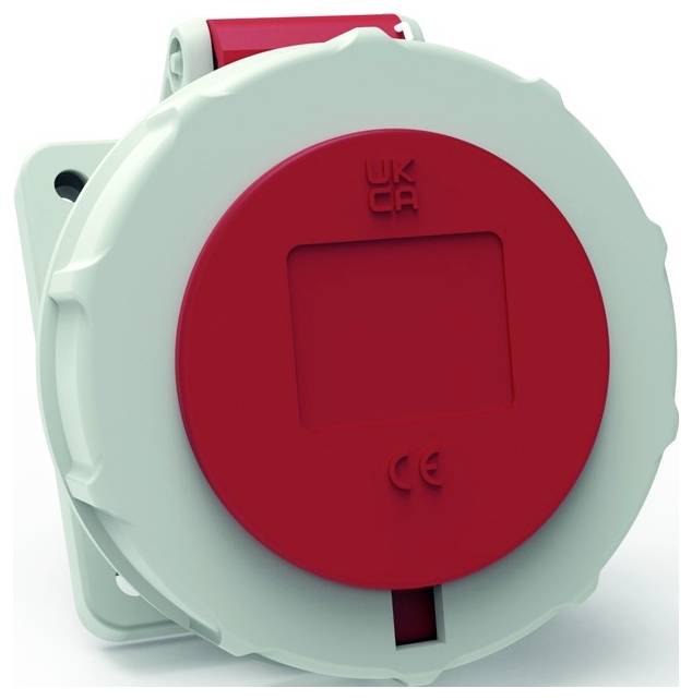 Ein runder, wandmontierter Feuermelder mit rotem Gesicht und grauem Gehäuse. Die Buchstaben „UKCA