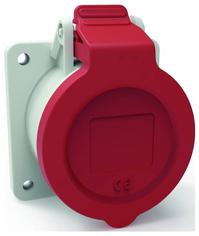 Eine rote, industrielle Steckdose auf einem grauen Panel montiert. Die Steckdose hat eine Schutzabdeckung und ist für den Außen- oder schweren Gebrauch geeignet.