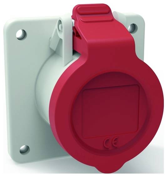 Eine rote Industrie-Steckdose mit Schutzkappe, die auf einem quadratischen weißen Sockel montiert ist.