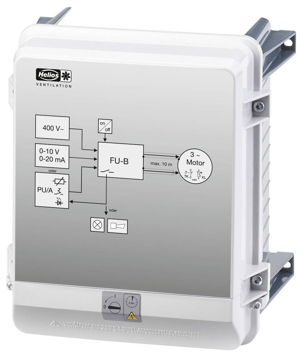 Steuereinheit mit beschrifteten Drehschaltern und Schaltern für einen Drehstrommotor. Enthält ein Schaltschema, das die Anschlüsse für die 400-V-Stromversorgung und Steueroptionen anzeigt.