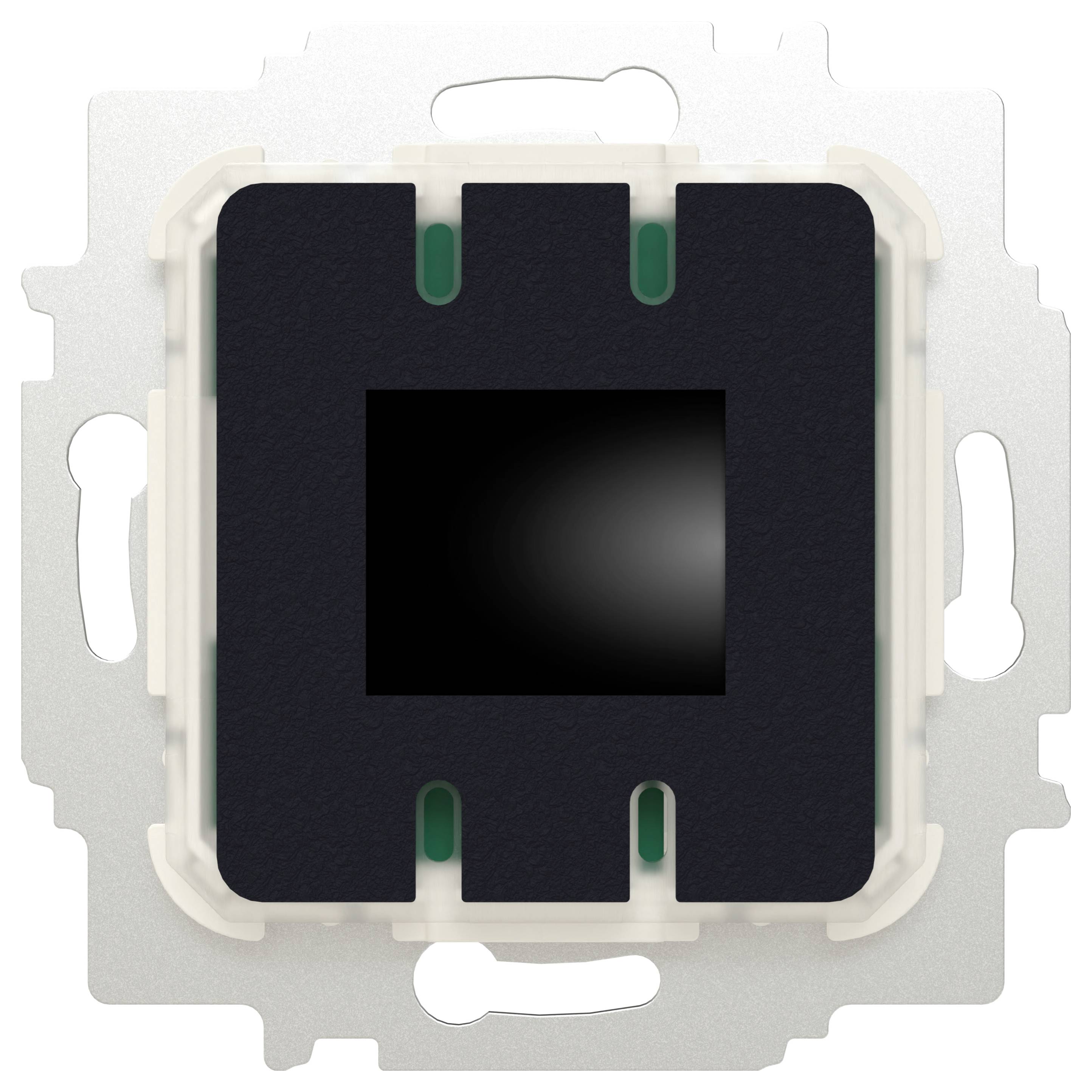 Ein quadratischer Sensor mit dunklem Zentrum sitzt in einem Metallrahmen, möglicherweise eine Kamera oder elektronische Komponente.