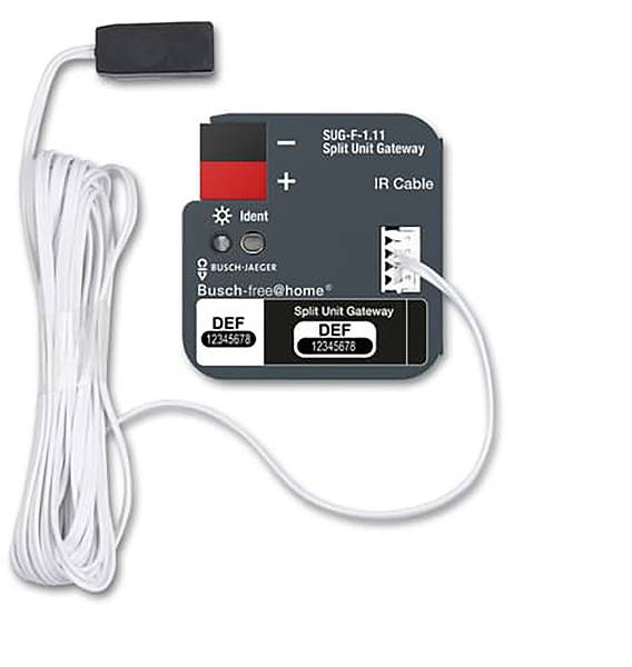 'Busch-free@home Split Unit Gateway SUG-F-1.1 IR-Kabel.' Ein kleines Gerät mit Kabeln, das zur Integration von Split-Unit-Systemen in Smart-Home-Setups verwendet wird.