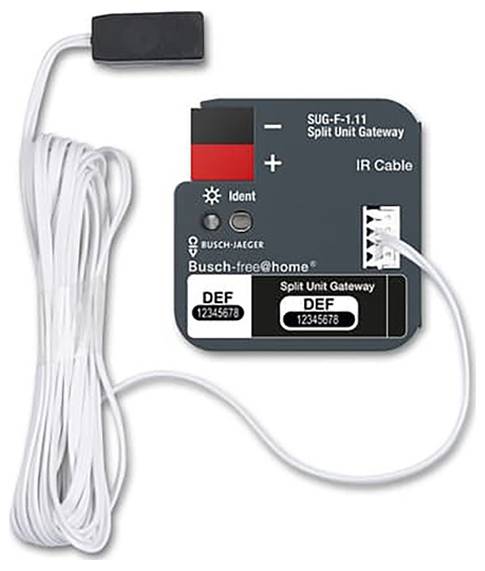 Split Unit Gateway SUG-F.1.11 mit langem weißem IR-Kabel. Identifikationsanzeige und Anschlussanschlüsse sind sichtbar. Wird für Hausautomation verwendet.