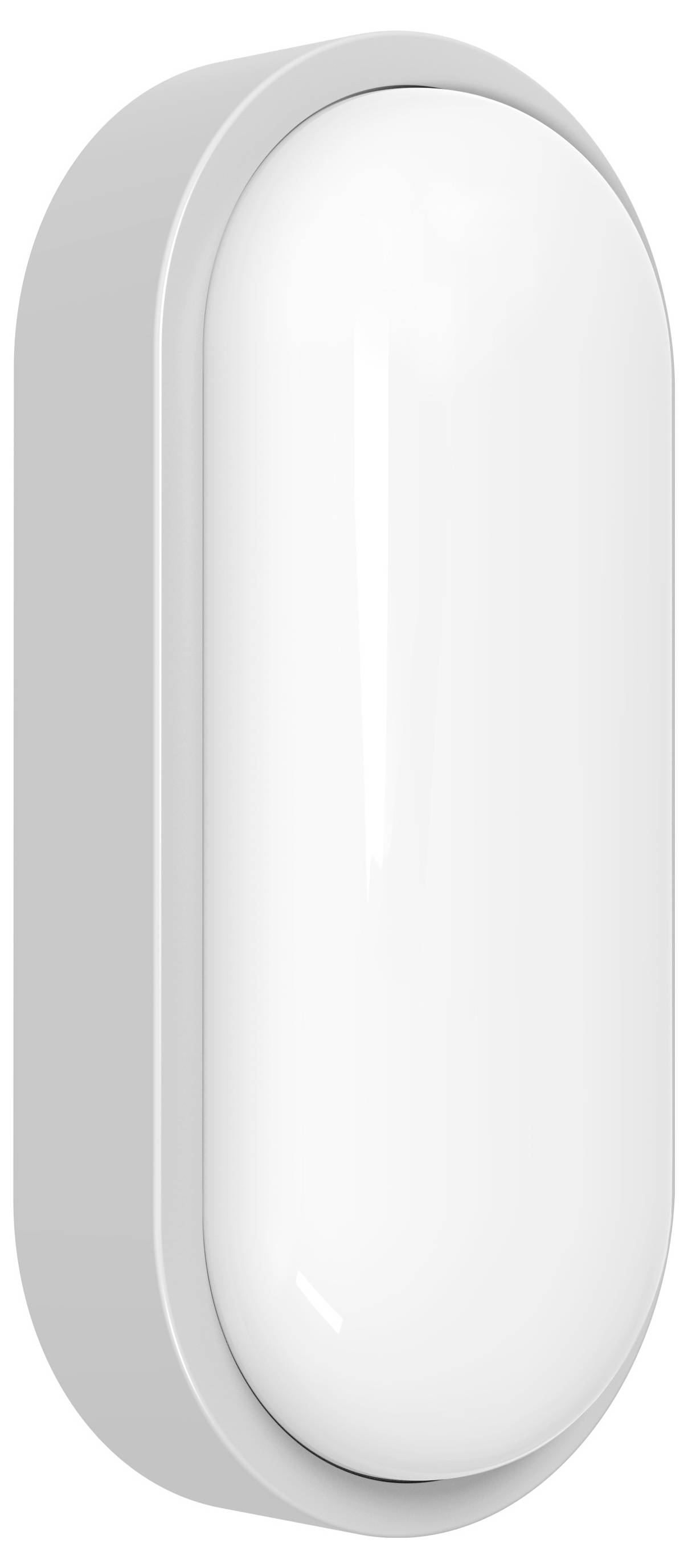 Ein weißes, oval geformtes LED-Wandlicht mit minimalem Design, montiert auf einem silbernen Sockel.