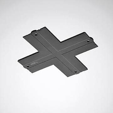 Ein schwarzer Metallverbinder in X-Form für Verteilerdosen zur Verwaltung von Elektrokabeln vor einem hellgrauem Hintergrund.