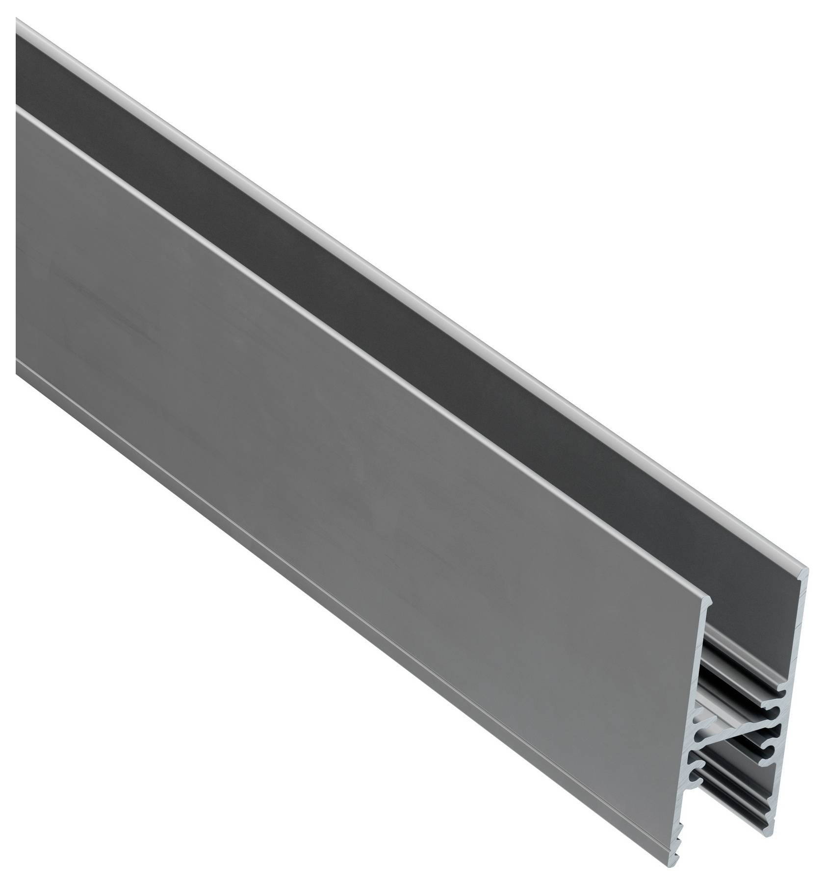 Aluminium-Extrusionsprofil in U-Form, verwendet für Strukturrahmen oder Montageanwendungen, mit einer eleganten, metallischen Oberfläche.