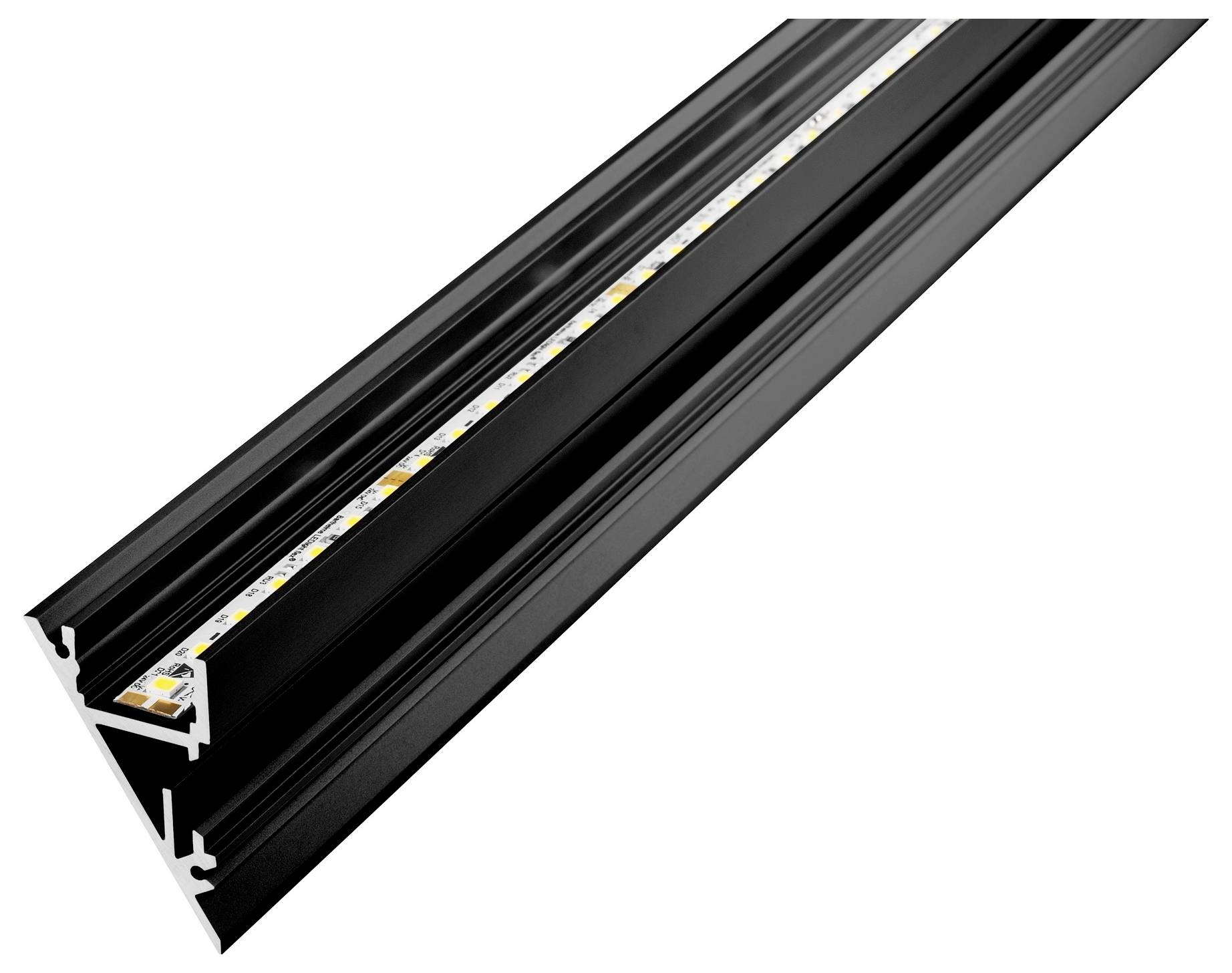 Schwarzes Einbauprofil für LED mit integriertem LED-Streifen für architektonische Beleuchtung; verfügt über eine Streuscheibe und wird bündig mit Oberflächen montiert.