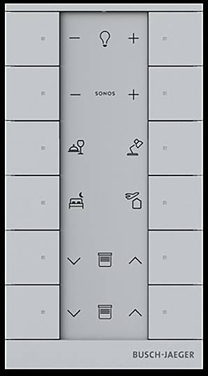 Ein Smart-Home-Bedienfeld mit Symbolen für Beleuchtung, Musik, Kaffee, Bügeln, Staubsaugen und Lüftung. Marke 