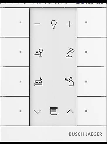 Ein beiger quadratischer Schalter mit zwei kleinen horizontalen Liniensymbolen, oben und unten, geteilt durch eine dünne horizontale Linie in der Mitte.