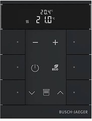 Intelligente Thermostat-Anzeige zeigt aktuelle Temperatur als 20,4°C und Zieltemperatur auf 21,0°C eingestellt. Beinhaltet Steuerelemente und Symbol für „ECO