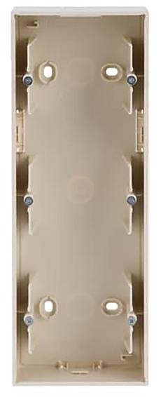 Eine beige rechteckige Schalterdose mit sechs Schraubenlöchern, die zur Wandmontage konzipiert ist und zum Befestigen von elektrischen Schaltern oder Steckdosen verwendet wird.